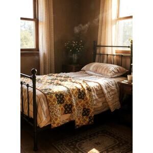 Hand pieced Lap Throw Blanket Topper 100% Cotton, 4.5'x4', NEW 6"x6" square Fall